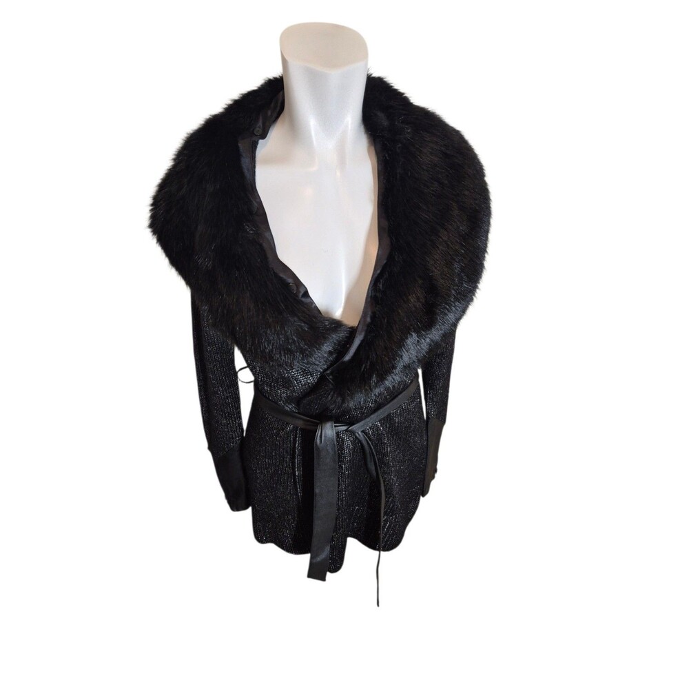 Cache VTG Y2K Coatigan Faux Fur Sweater Vegan Leather Sweater Black Gray Sz XS